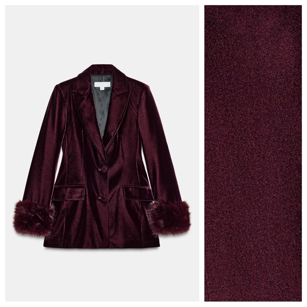 NWT. Zara Maroon Velvet Fitted Blazer with Faux Fur Cuffs. Size M.